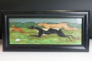 Oil painting of greyhounds coursing a Hare, 14 x 40cm