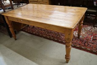 Victorian Pine Farmhouse Kitchen Table with drawer to one end, and raised on turned legs, 168cm long