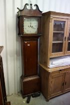 19th century Mahogany Inlaid 8 day Longcase Clock, the hood with swan neck pediment housing a