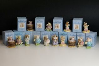 Fourteen Beatrix Potter Beswick ceramic figurines, all in their original boxes. Measures approx 7.