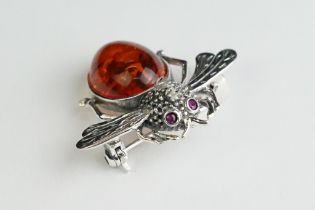 Silver and Amber Bug Brooch