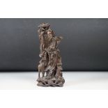 Chinese carved hardwood figure depicting Shou Lau with a crane and deer to the naturalistic base.