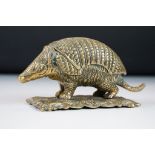 19th Century Victorian brass ink well in the form of an armadillo, with the back opening to reveal