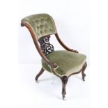 Victorian Salon Chair with scrolling carved mahogany frame and pierced carved splat, sage green