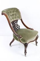 Victorian Salon Chair with scrolling carved mahogany frame and pierced carved splat, sage green