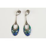 Pair of Silver and Plique A Jour Drop Earrings in the Art Nouveau style