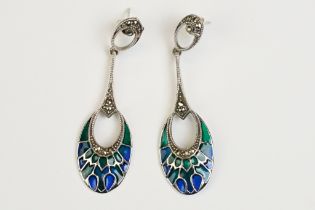 Pair of Silver and Plique A Jour Drop Earrings in the Art Nouveau style