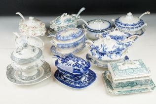 Collection of assorted 19th Century Victorian small lidded tureens. Most with transfer printed