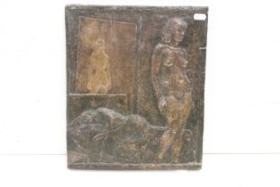 Bronze wall plaque depicting three views of a nude female, indistinctly signed & dated '80 to