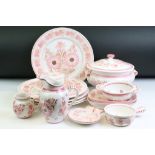 Collection of French HB Quimper pink floral ceramics to include 5 dinner plates, tureen & cover, 2