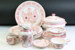 Collection of French HB Quimper pink floral ceramics to include 5 dinner plates, tureen & cover, 2