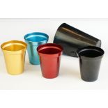 Set of Four Harlequin Coloured Metal Stirrup Cups contained in a Black Real Hide Leather Case, 9cm