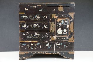 Japanese black lacquered table-top cabinet with inlaid M.O.P & abalone shell decoration, five