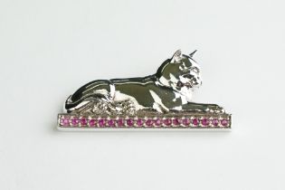 Silver Cat Brooch on a Ruby platform