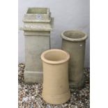 Large Square Chimney Pot, 82cm high together with two Chimney Pots of spherical form
