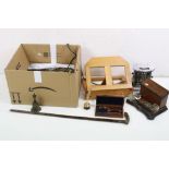 A box of mixed collectables to include a wooden sheet music stand, walking stick, wooden desk