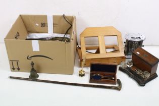 A box of mixed collectables to include a wooden sheet music stand, walking stick, wooden desk