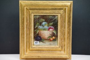 19th century Gilt Framed Oil on Board Still Life of Fruit and Fauna, signed, 24cm x 19cm