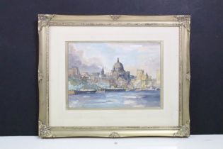 Gilt Framed Impressionist Watercolour London Scene of St Paul’s Cathedral and the City from the