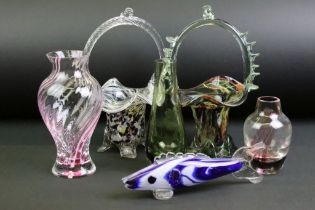 Group of 20th century glass, six pieces, to include a green cased tapering vase with etched