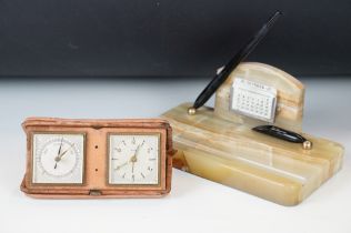 Mid century Desktop Pen and Calendar Set on an Onyx base (approx 23cm wide), together with an