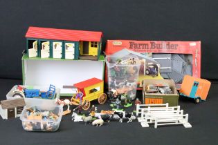 Collection of plastic figures & accessories, mostly farming related, to include a riding stable,