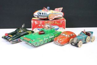 Five vintage tin plate models to include boxed Rocket Racer Friction MF735 (China), Mettoy Fire Car,