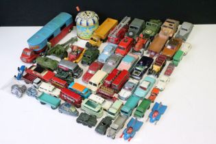 Over 50 play worn diecast models, mostly mid 20th C, to include Dinky, Corgi & Matchbox examples,