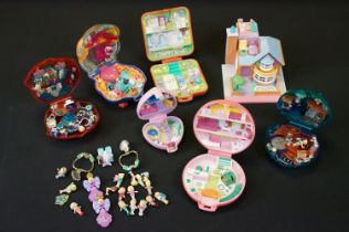Six Bluebird Polly Pocket playsets (Bay Window House, Bubbly Bath, Pink Heart, Button's Animal