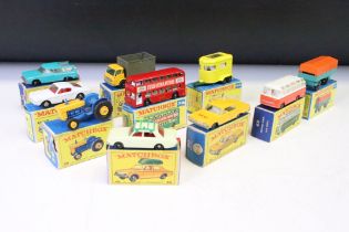 10 Boxed Matchbox 75 Series diecast models to include 39 Ford Tractor, 74 Daimler Bus, 8 Ford