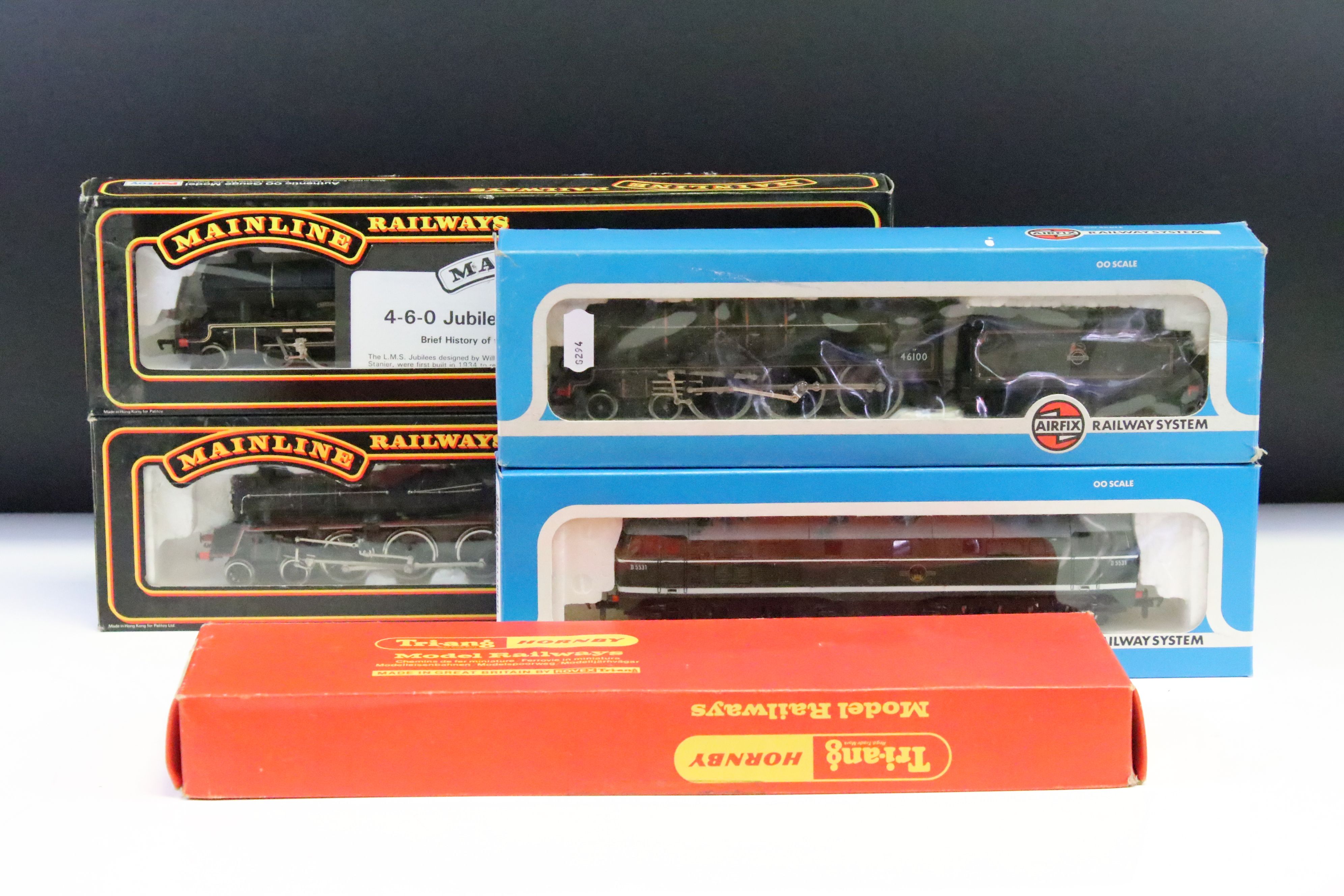 Five boxed OO gauge locomotives to include 2 x Palitoy Mainline (37074 4-6-0 Jubilee Class 5XP