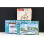 Three boxed and unbuilt plastic model kits to include 2 x Revell (1/48 05122 Swift Boat PCF & 1/