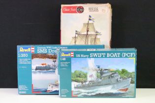 Three boxed and unbuilt plastic model kits to include 2 x Revell (1/48 05122 Swift Boat PCF & 1/