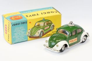 Boxed Corgi 492 Volkswagen Police Car diecast model, interior steering wheel part loose within the
