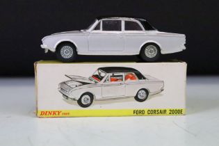Boxed Dinky 169 Ford Corsair 2000E diecast model in silver with black roof and red interior, diecast