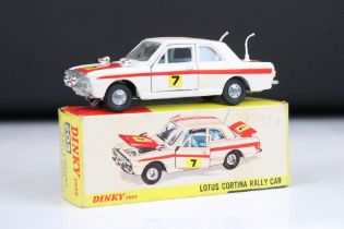 Boxed Dinky 205 Lotus Rally Cortina Rally Car diecast model with Monte Carlo decals, ex with gd box