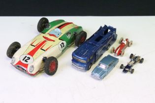 Group of five mid 20th C play worn diecast / tinplate models to include Corgi Major Ecurie Ecosse