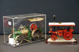 Scratch built metal / brass Steam Engine model painted green and red, contained within a plastic
