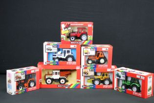 Seven boxed Britains 1:32 scale diecast model tractors to include 9523 Fiat Half-Track Tractor, 9521