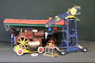Three scratch built models using Meccano to include steam engine, crane and car/vehicle with Mamod