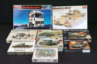 Nine boxed & unbuilt plastic model kits to include sealed Academy 1365 Warrior MCV, 2 x Italeri (