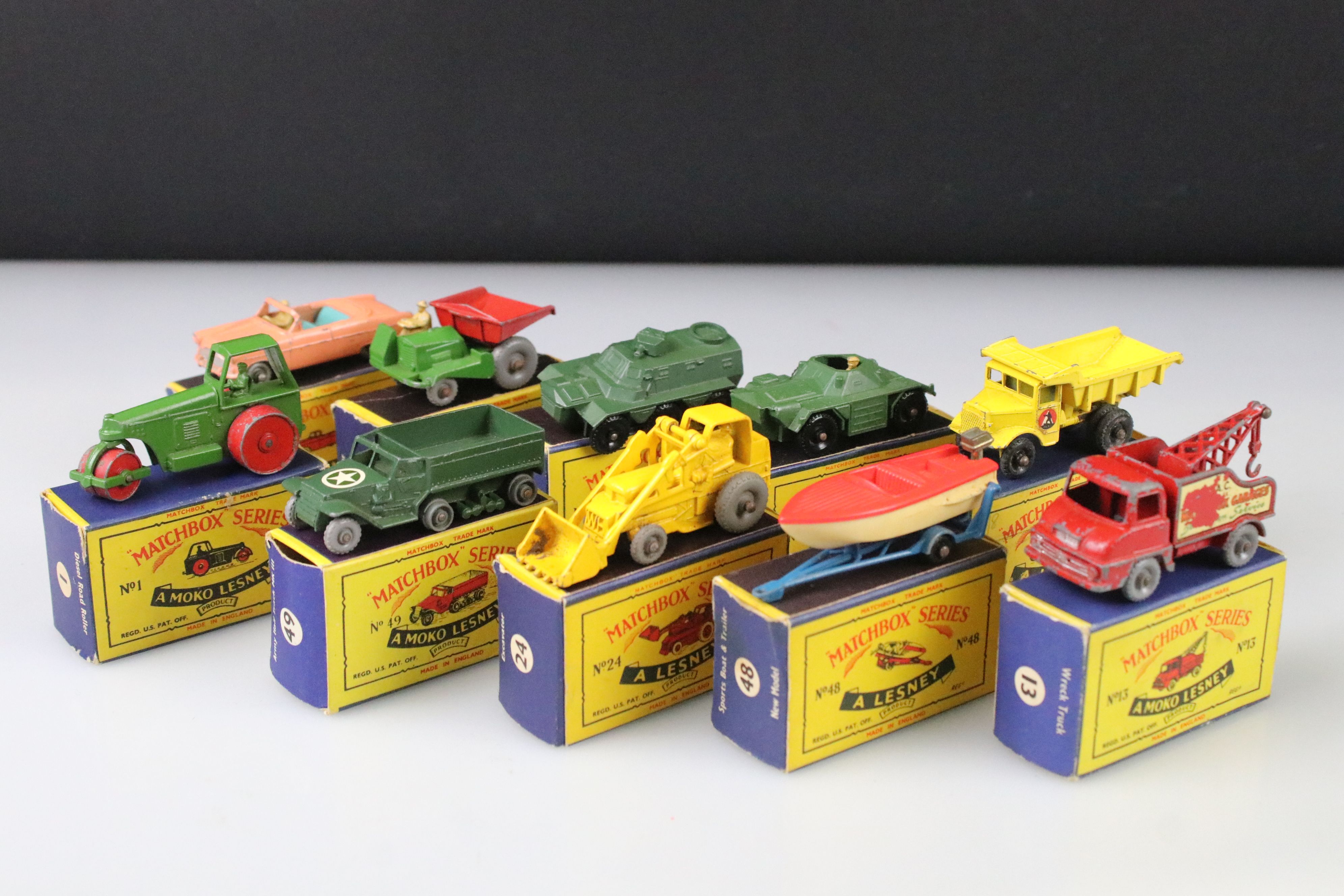 10 Boxed Matchbox Lesney 75 Series diecast models to include 1 Diesel Road Roller, 49 Army Half