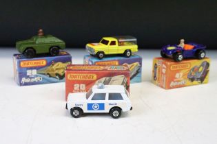 Four boxed Matchbox Rolamatics diecast models to include 57 Wild Life Truck, 20 Police Patrol, 47