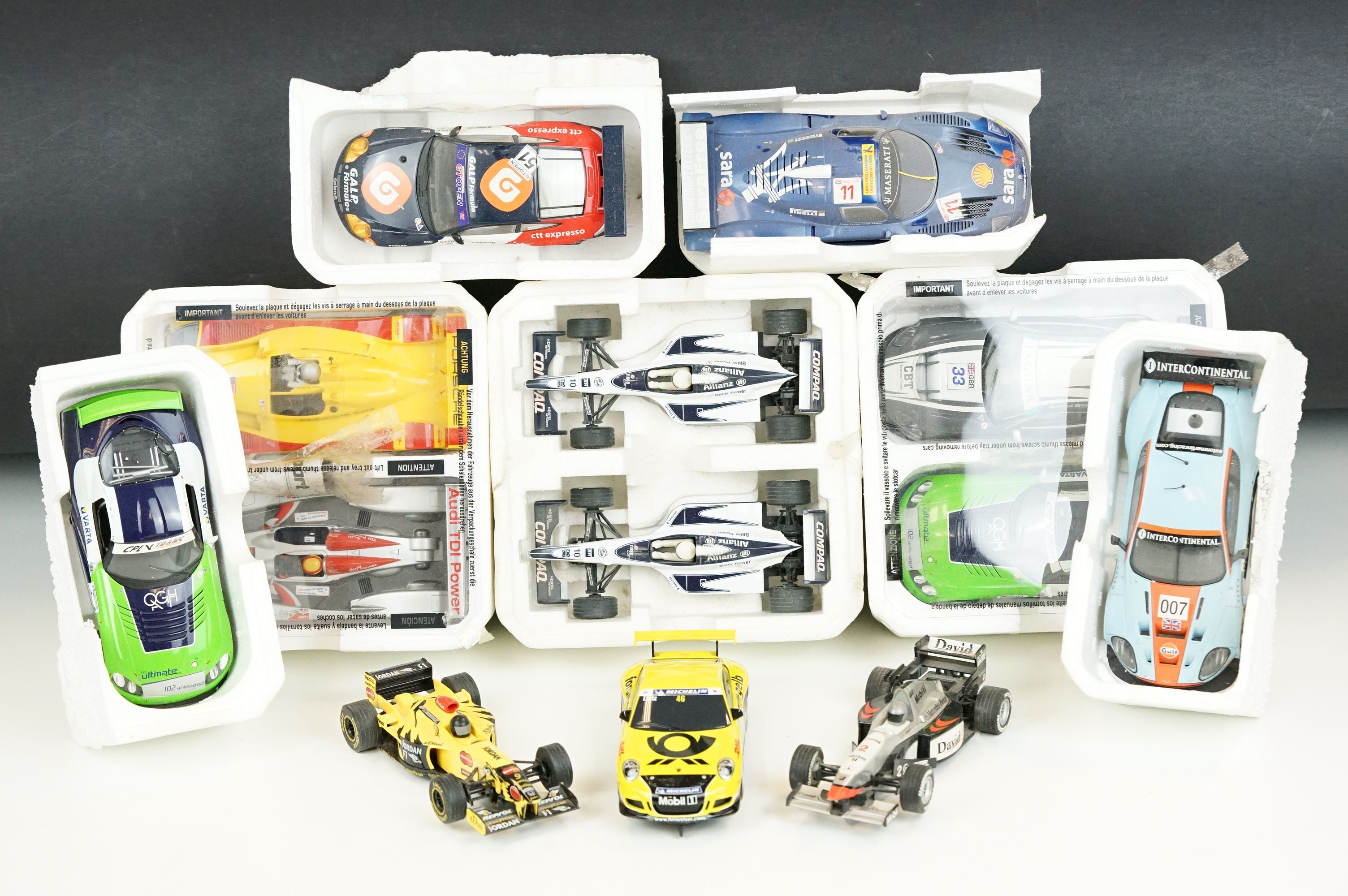 13 Scalextric slot cars to include Williams FW 20 Twin Pack etc, 10 slot cars in original