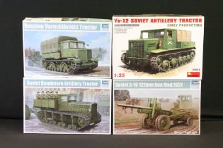 Four boxed 1/35 military plastic model kits to include 3 x Trumpeter (01573 Russian Voroshilovets