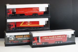 Four cased Corgi 1/50 Modern Trucks diecast models to include 75501 Parcelforce, 75502 Royal Mail,