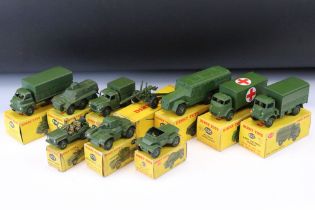 10 Boxed Dinky military diecast models to include 692 SS Medium Gun, 626 Military Ambulance, 623