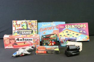 Collection of vintage games and toys to include Merit Spin Tops, Scalecraft Motorised Ferrari V12 F1