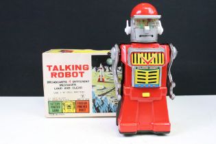 Boxed Yonezawa Talking Robot battery-operated tinplate toy, circa 1950's, in red & silver, item