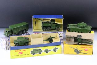 Five boxed Dinky military diecast models to include 697 25 Pounder Field Gun Set (diecast vg), 622